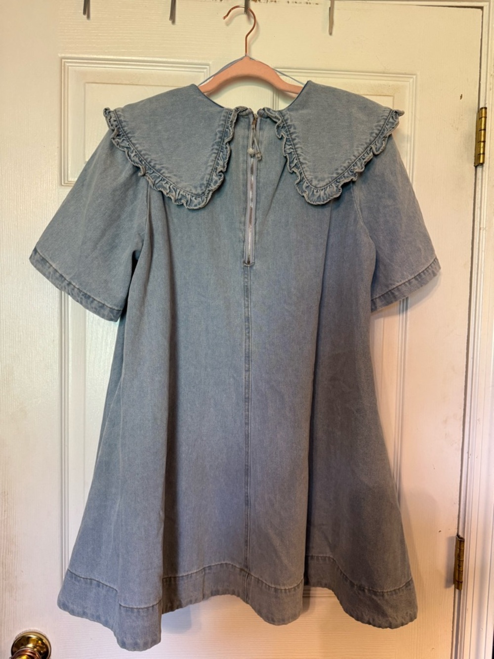 Mable Light Wash Denim Short Sleeve Dress with Ruffle Collar - Picture 4 of 5